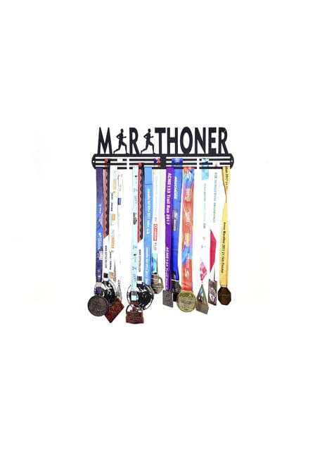 RUNWYND Marathoner Medal Hanger with 3 Rows - Black (40 cm x 13 cm) | Black Matte Finish | Holds 40+ Medals