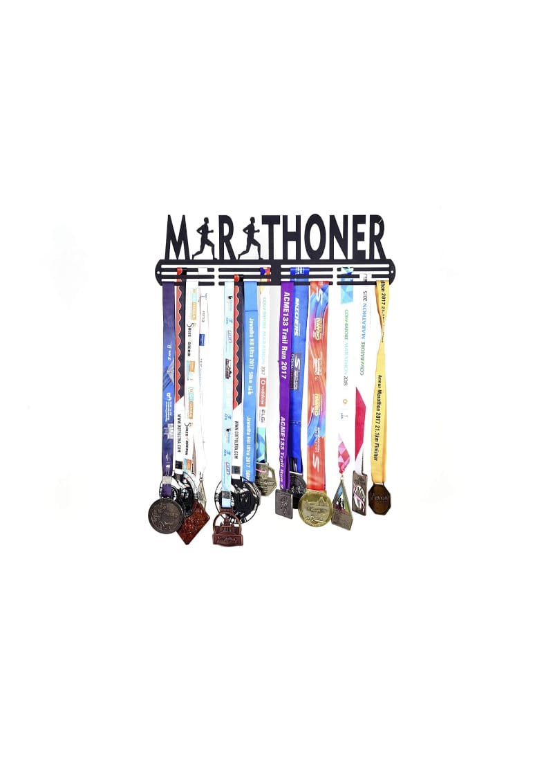 RUNWYND Marathoner Medal Hanger with 3 Rows - Black (40 cm x 13 cm) | Black Matte Finish | Holds 40+ Medals