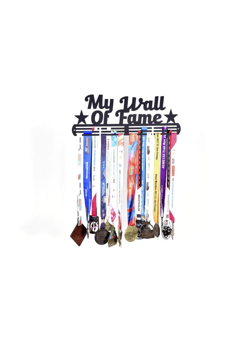 Runwynd Wall of Fame 2 Stars Metal Medal Hanger with 3 Rows - Black (40 cm x 13 cm) | Black Matte Finish | Holds 40+ Medals