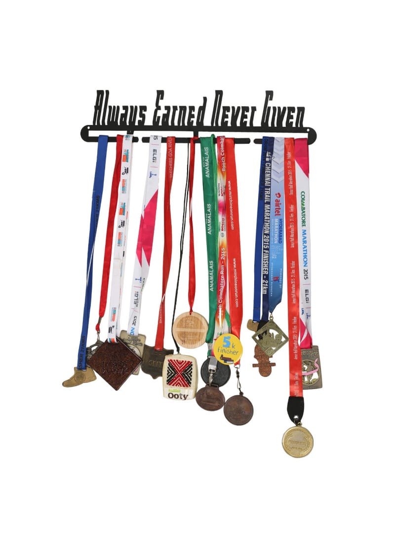 RUNWYND Always Earned Never Given Medal Hanger - Black (48 cm x 10 cm) | Black Matte Finish | Holds 40+ Medals