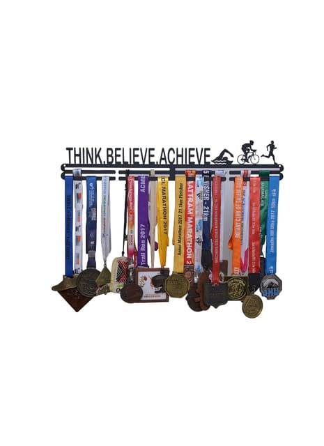 RUNWYND Think Believe Achieve Medal Hanger - Black (56 cm x 9 cm) | Black Matte Finish | Holds 40+ Medals