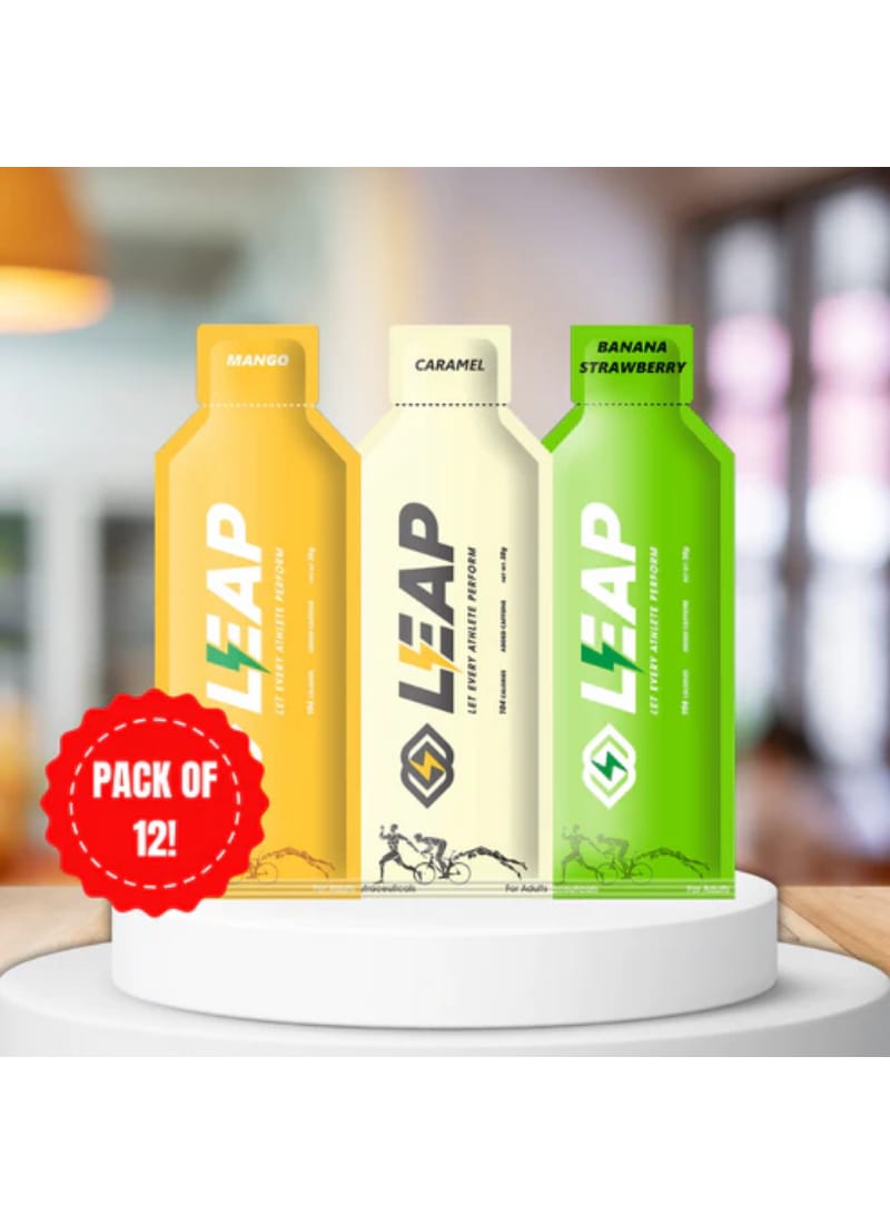 Pack of 12 Leap Energy Gels Assorted Flavors of 4 Mango-4 Caramel-4 Banana