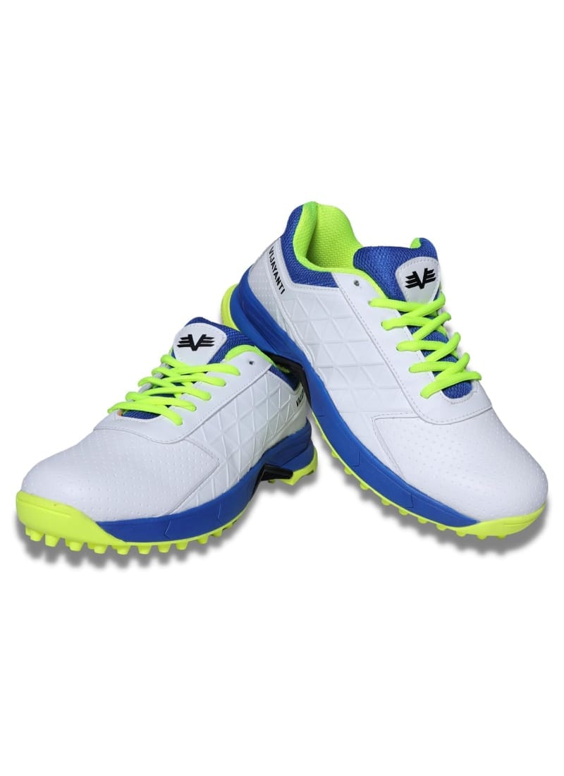 VIJAYANTI CRICKET SHOES SKIPPER RUBBER SPIKE SHOES WHITE / BLUE / GREEN