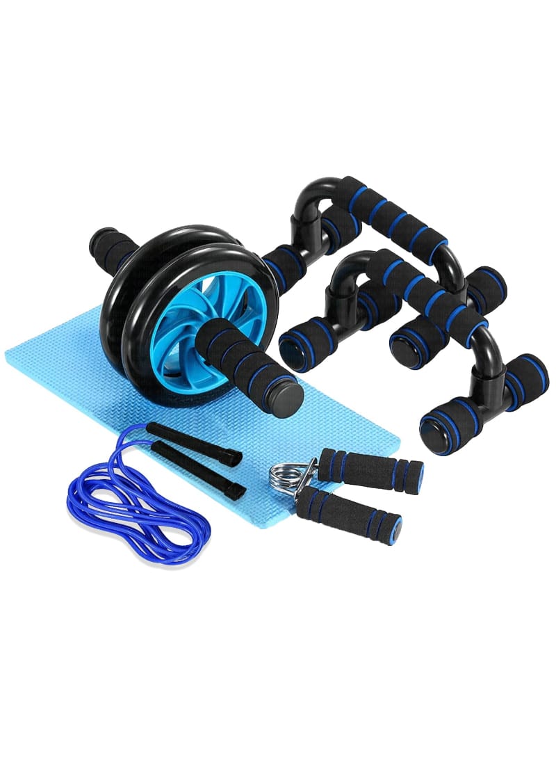 Fitfix® Ultimate Fitness Combo: Push Up Bar, Skipping Rope, Anti-Skid Ab Wheels, V-Shaped Hand Gripper - Achieve Your Fitness Goals!