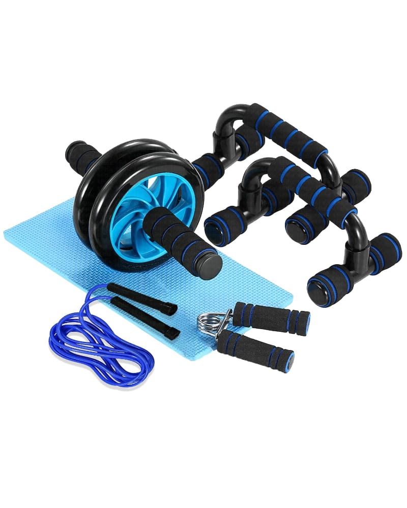 Fitfix® Ultimate Fitness Combo: Push Up Bar, Skipping Rope, Anti-Skid Ab Wheels, V-Shaped Hand Gripper - Achieve Your Fitness Goals!