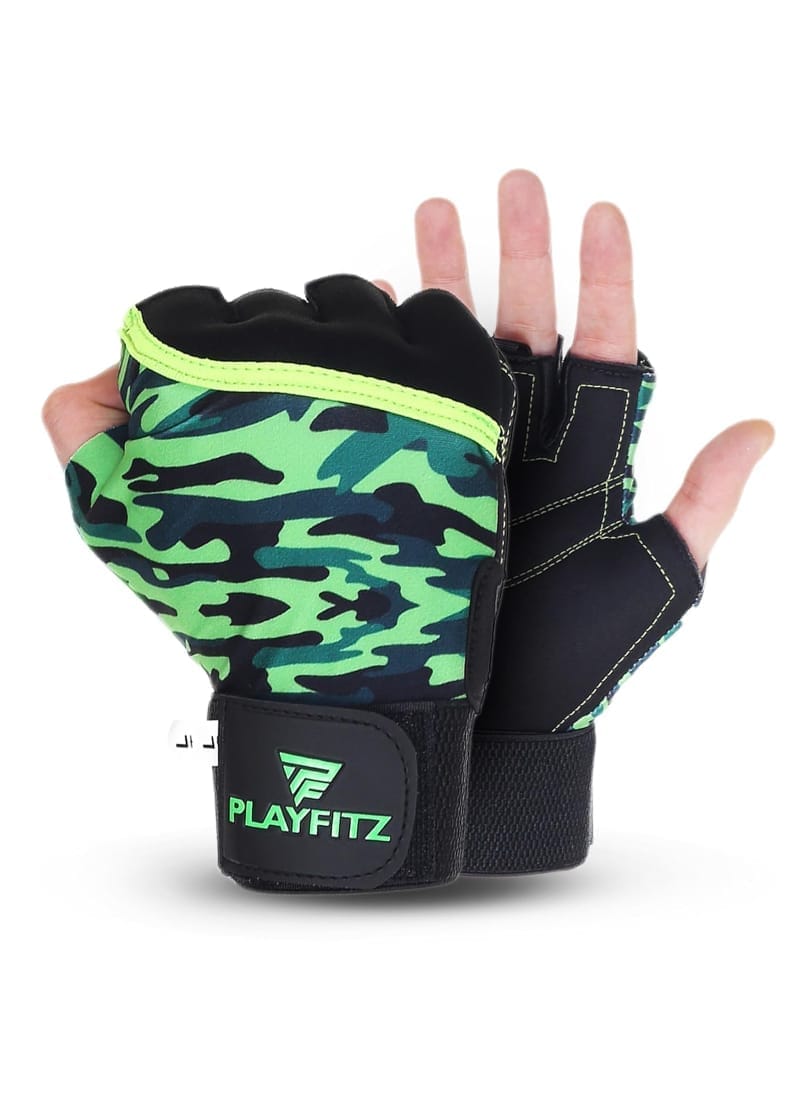 PLAYFITZ Commando Gym Gloves Weight Lifting Gloves Half-Finger for Fitness, Training Exercise, Cycling, Running, Yoga for Men & Women (Military, S/L)