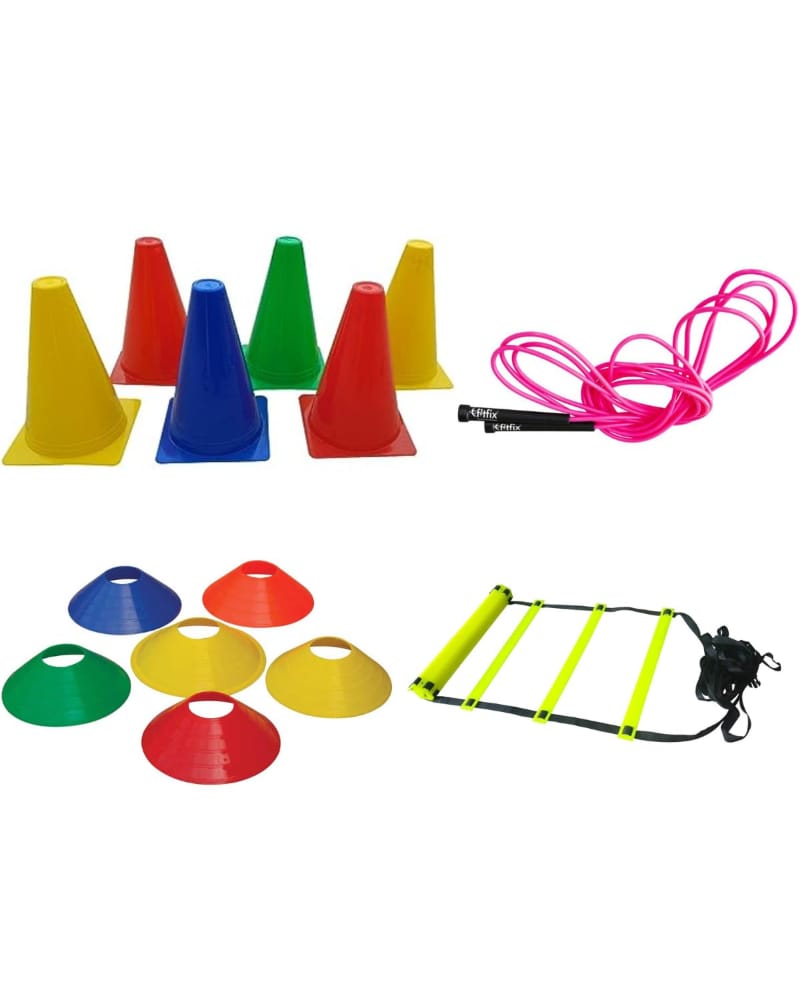FITFIX® 6 Inch Cones Pack 6,10 Space Markers, 4 Meter Ladder & Pencil Skipping Rope Agility Combo