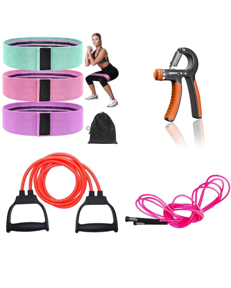 Fitfix® Complete Home Workout Set - Hand Gripper, Double Toning Tube, Skipping Rope, and 3 Hip Bands Included