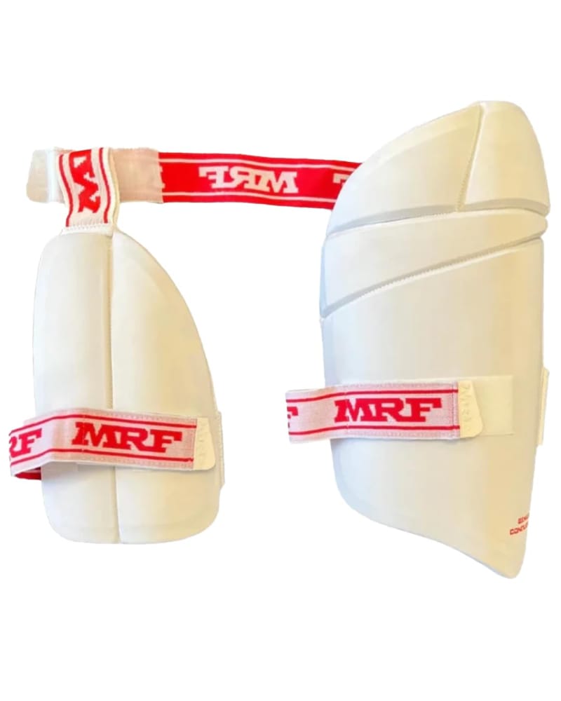 MRF Conqueror Dual Thigh Guard (with Inner Thigh), Ultra-High Density Foam, Pre-Shaped PU Casing, Soft Absorbent Fabricated Back | Player Level | Matches Tournament Club Training (Boys, White Righty)