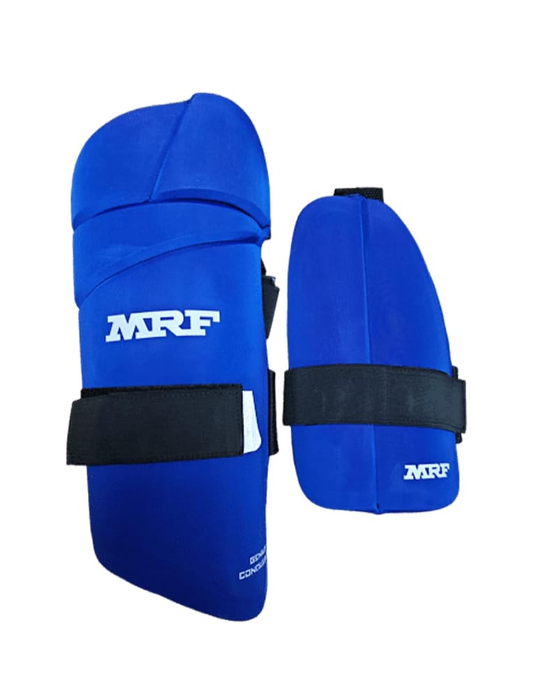 MRF Conqueror Dual Thigh Guard (with Inner Thigh), Ultra-High Density Foam, Pre-Shaped PU Casing, Soft Absorbent Fabricated Back | Player Level | Matches, Tournament, Club, Training | (Men's, Righty)