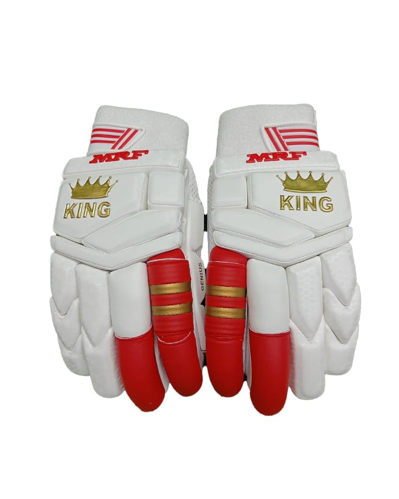 AASHRAY MRF Genius King Cricket Batting Gloves, Made up of Super Soft Premium English Pittard | Pre-bent Fibre in Two Front Fingers, Fibre Inserts on Top of Every Finger (White/Red, Mens, Right)