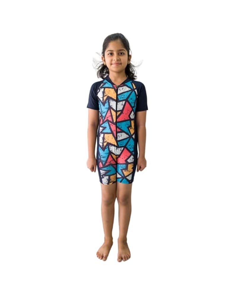 AASHRAY 4way Stretchable Geometric Digitally Printed Skin-friendly Anti-tanning Odorfree One Piece Swimsuit - Short Sleeve with Zipper for Boy's & Girls