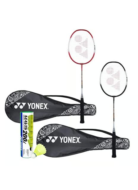 YONEX Aluminum ZR 100 Light Badminton Racquet Combo Set of 2 with Full Cover Black/Red + Mavis 200I Shuttlecock Pack of 6