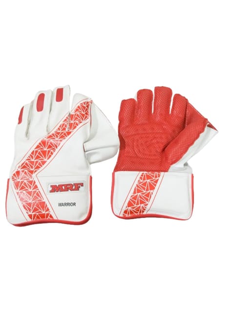 MRF Warrior Wicket Keeping Gloves, Natural Cup Palm Design, Catching Pocket with Nylon Mesh | ideal for Training, Coaching, Practise, Matches, Tournament | (Youth, White/Red)