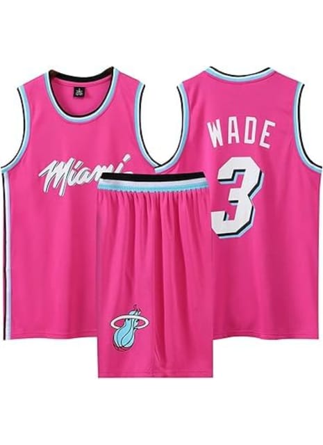 AASHRAY Basketball NBA Mia*mi Kit 2 Piece Sleeveless Miami Basketball Training Jersey and Shorts Set, Basketball Kit No.3. Wade Pink Basketball Vests Jersey and Shorts