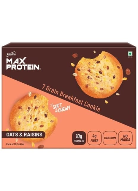 RiteBite Max Protein 7 Grain Breakfast Cookies - Oats & Raisins 660 g - Pack of 12 ( 55g x 12 )