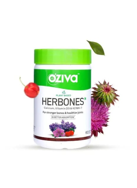 OZiva HerBones (with Plant based Calcium, Vegan Vitamin D3 & K2 MK-7) for Healthier Bones, 60 Capsules