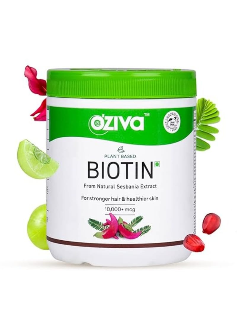 OZiva Plant Based Biotin. 10,000+ mcg (with Sesbania Agati, Bamboo Shoot, Amla & more), 120 g