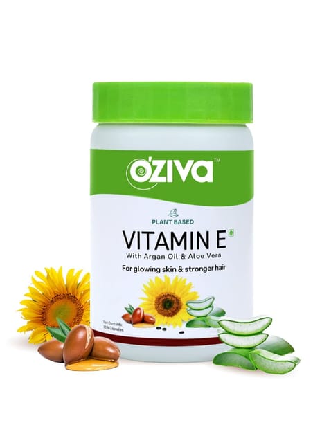 OZiva Plant Based Natural Vitamin E, with Sunflower oil, Aloe vera oil & Argan oil, for Glowing Skin & Strong Hair 30 Capsules