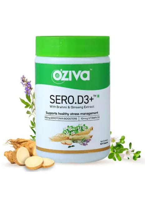 OZiva Sero.D3+ (Serotonin boosters with Vitamin D3, Brahmi & Ginseng Extract) for Stress & Anxiety Relief, 60 Veg Capsules