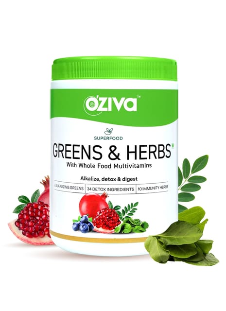 OZiva Superfood Greens & Herbs (Supergreens powder with Chlorella, Spirulina), 250g