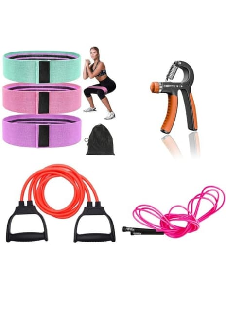 Fitfix® Complete Home Workout Set - Hand Gripper, Double Toning Tube, Skipping Rope, and 3 Hip Bands Included