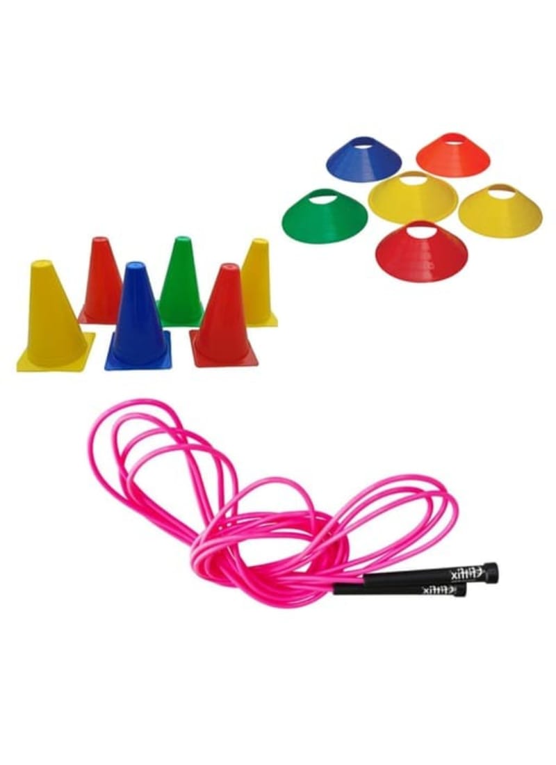 Fitfix® Marker Cone 9 Inch Pack of 6Pcs, Space Marker Cone 10 Pcs, Skipping Rope 9 Feet Pack of 1 Pcs