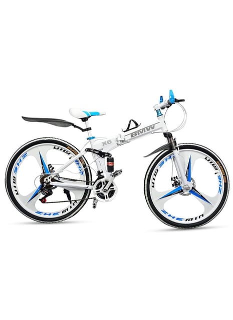 Skyride Bmw X6 Cycle 6 Spoke Foldable Cycle With 21 Speed Gear Cycle With Dual Disc Brake Cycle Carbon Frame Suspension Bicycle For Men 26Inch Wheel Size (White), Cruiser Bike