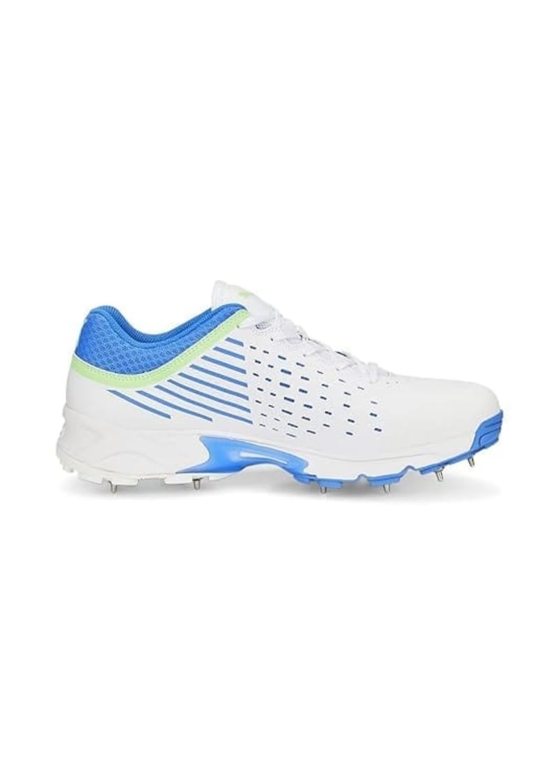 PUMA Mens Metal Spike 22.1 Unisex Cricket Shoes White-Elektro Green-Bluemazing