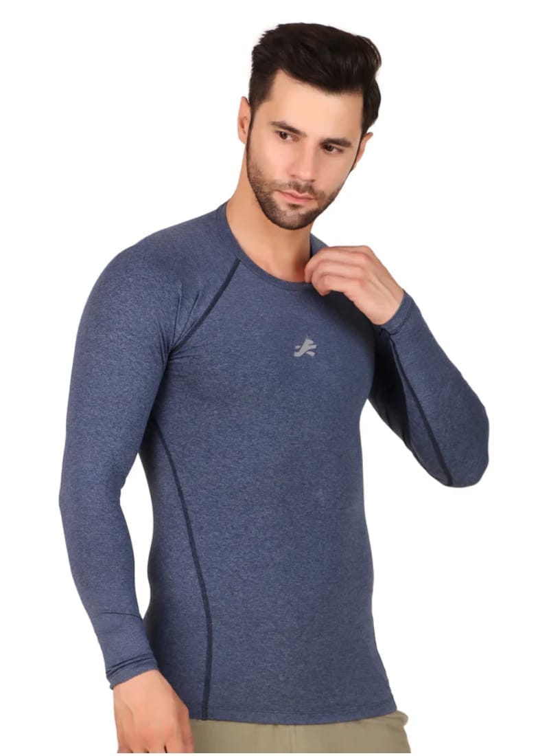 Men's Nylon Compression Tshirt Full Sleeve Tights (Denim Melange)