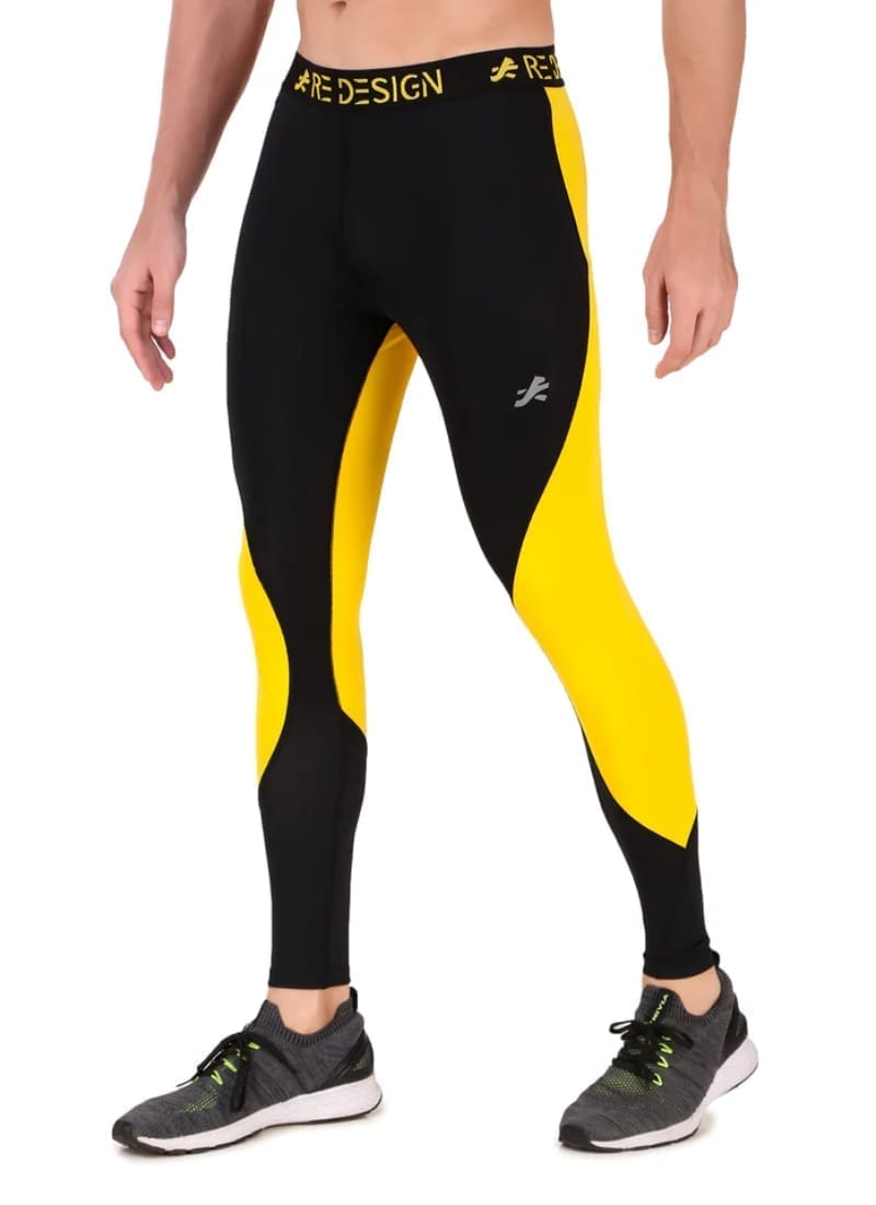 Nylon PB Series Compression Pant and Full Tights For Men (Black/Yellow)