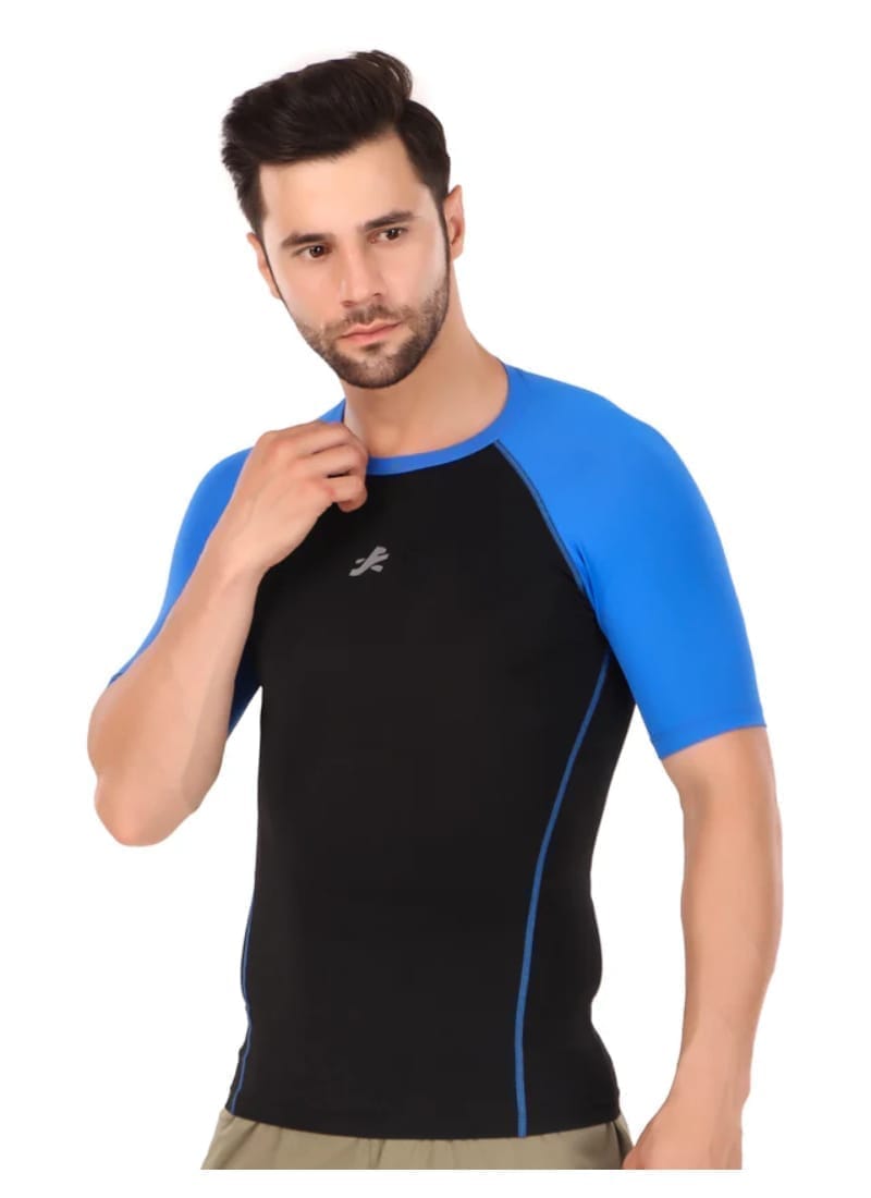 Nylon Compression Tshirt Half Sleeve Tights For Men (Black/Royal Blue)