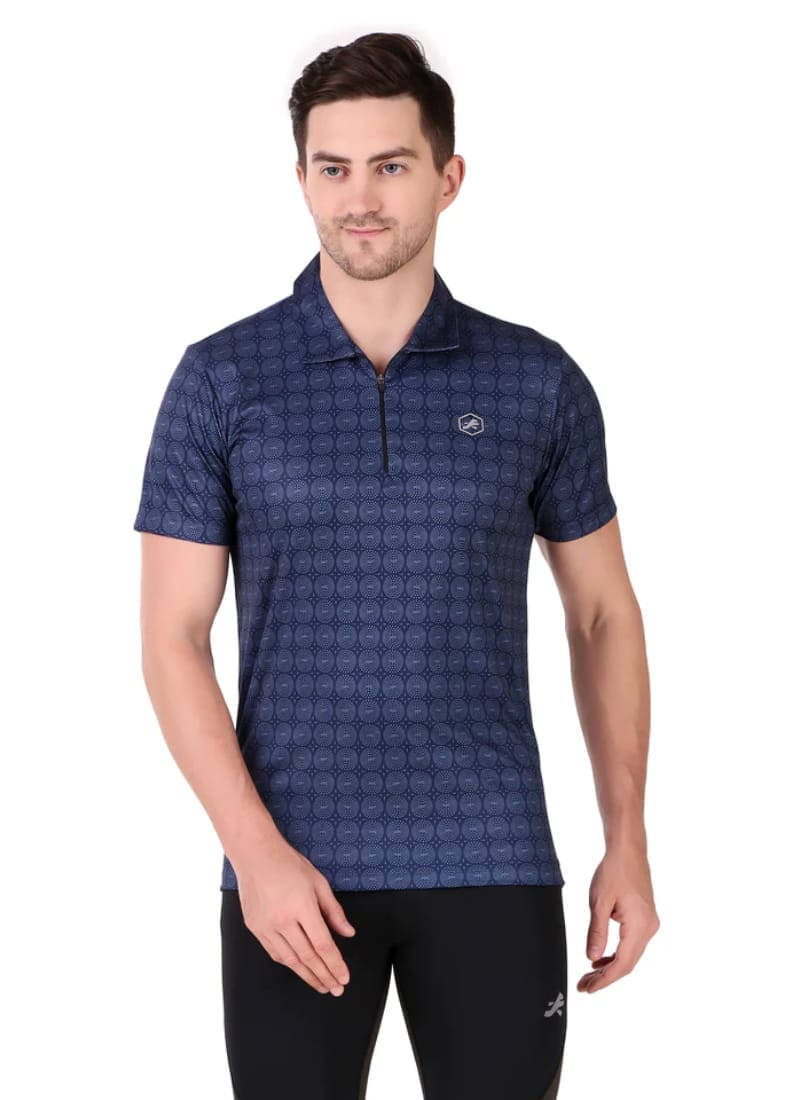 Performance Polo Zip Collar Tshirt For Men (Navy Pattern)