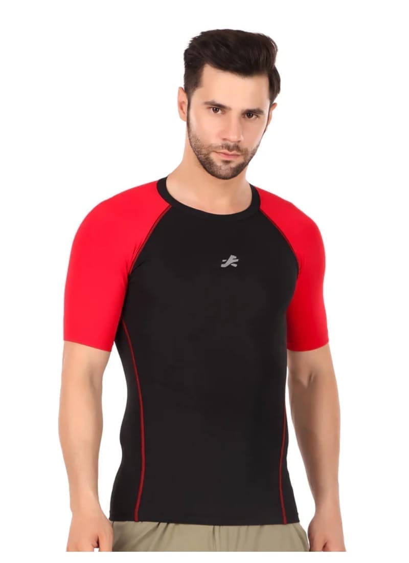 Nylon Compression Tshirt Half Sleeve Tights For Men (Black/Red)