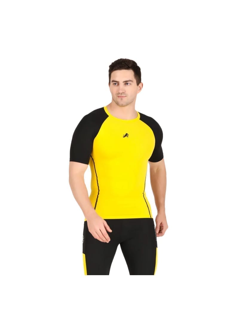 Men's Nylon Compression Tshirt Half Sleeve Tights (Yellow/Black)