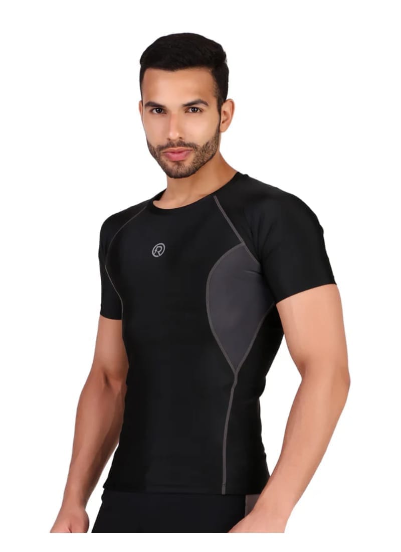 Men's Polyester Compression Tshirt Half Sleeve (Black/Grey)