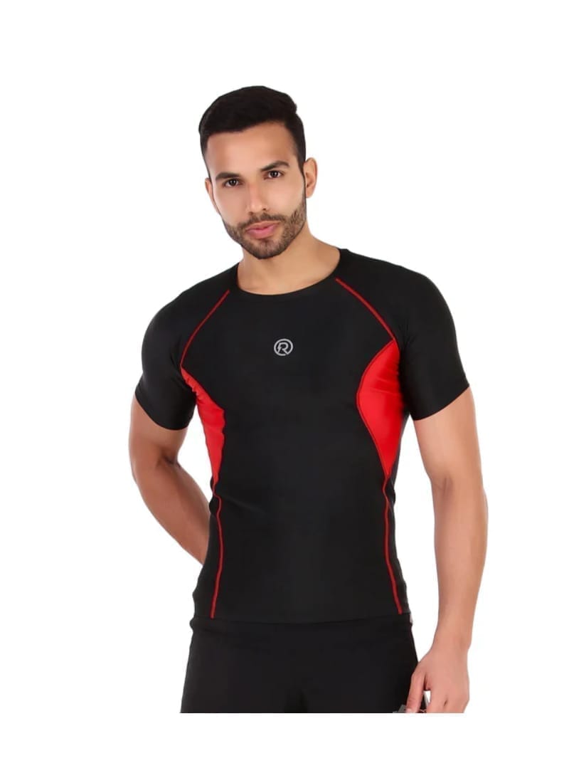 Men's Polyester Compression Tshirt Half Sleeve (Black/Red)