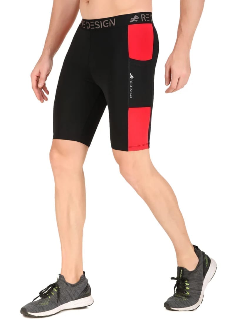 Men's Nylon DC Pocket Compression Shorts and Half Tights (Black/Red)