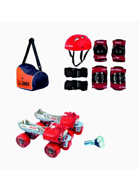 JJ JONEX Unisex Tenacity Adjustable Rollerderbywheel Skates Combo (Skates+Helmet+Knee Pad+Elbow Pad +Skates Gloves + Key+Bag) Suitable (Myc) (Age 6-11 / Above 11 (Meduim / Large)), Red