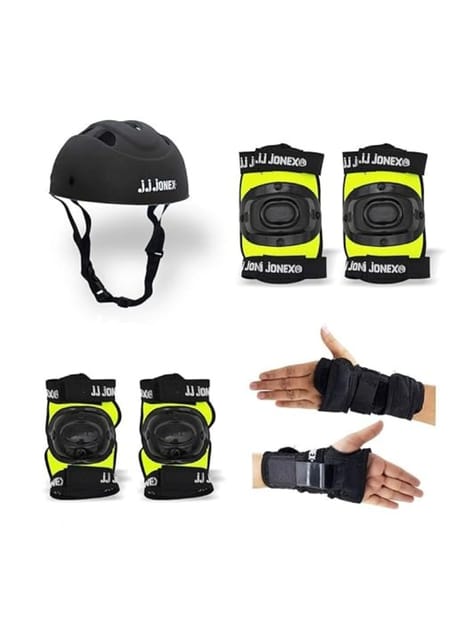 JJ JONEX Protective Set Skating and Cycling for Age 4 to 7 Years Skating Guard Combo (Small, Black/Green) (MYC)