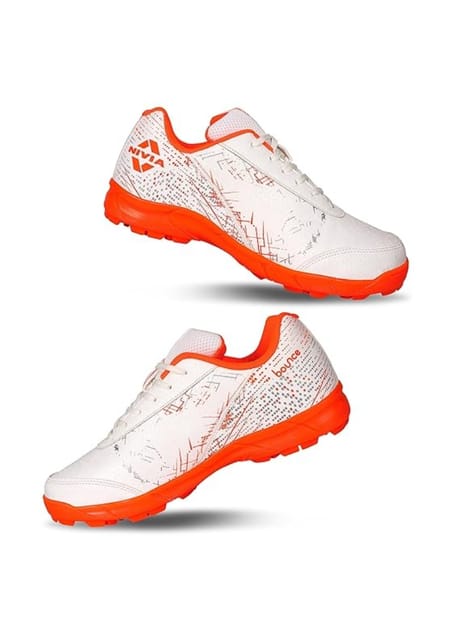 Nivia Bounce Cricket Shoes | Mesh & TPU Upper | Cushioned EVA Insole | Durable PVC Outsole | Cricket Shoes for Men | Lightweight| Sports Shoes ( White/Orange )