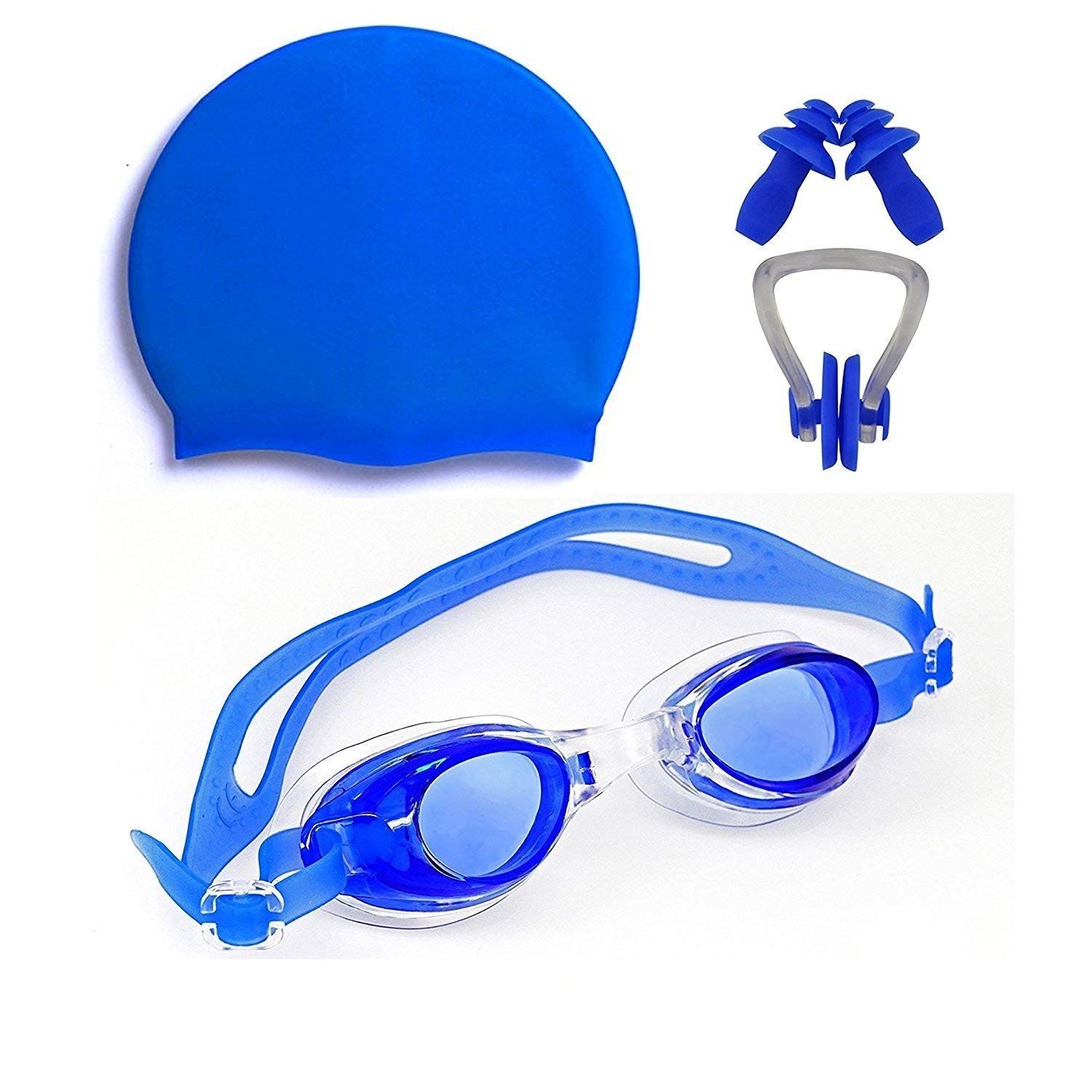 100% Silicone Anti Fog Swimming Goggles,Cap,Earplug & Noseplug Set- Ideal for All Age Group one Non Slip,Easy to Carry and Skin Friendly