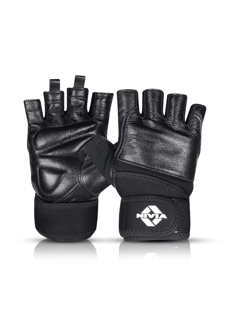 Nivia Venom Sports Gloves/Genuine Leather with Neoprene Strap/Impact Foam for Palm Protection/Half Finger Length Weight Lifting Gloves - Large (Black)