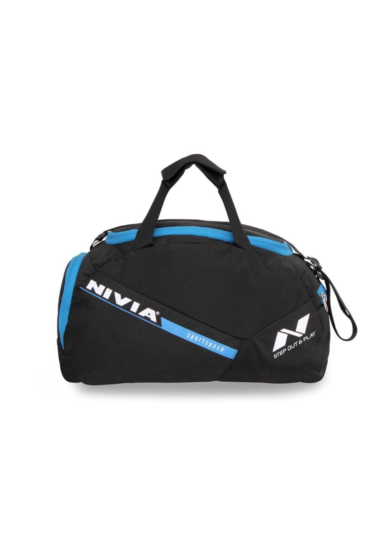 NIVIA Sports Space Polyester Gym Bag with Shoes Compartment/Unisex Gym Bags/Adjustable Shoulder Bag for Men/Duffle Gym Bags for Men/Sports and Travel Bag/Duffle Bags Travel, Junior (Black-Sky Blue)