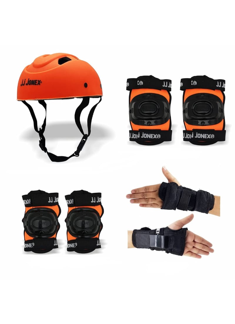 JJ JONEX Skating Guard, Protective Skating Guard Kit | Skate, Cycling Protection Set | Multi Sport Gear for Children Age 5-16 Years, Helmet Elbow Guards Knee Caps & Hand Gloves,Orange Size M