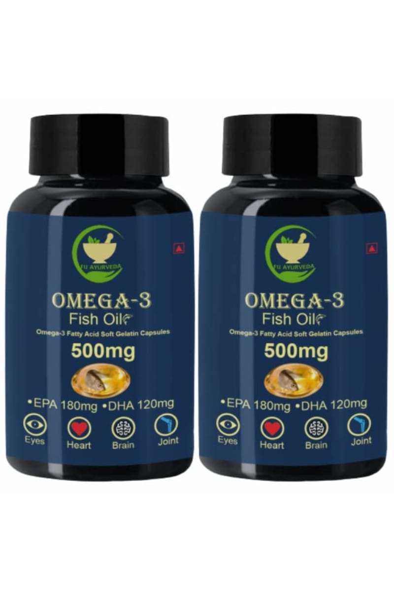 FIJ AYURVEDA Omega 3 Fish Oil (180 mg EPA & 120 mg DHA) Omega 3 Fish Oil | Fatty Acid | Supports Healthy Heart, Brain, Better Skin, Bones, Joint & Eye Care for Men & Women – 500mg 60 Softget Capsules (Pack of 2)