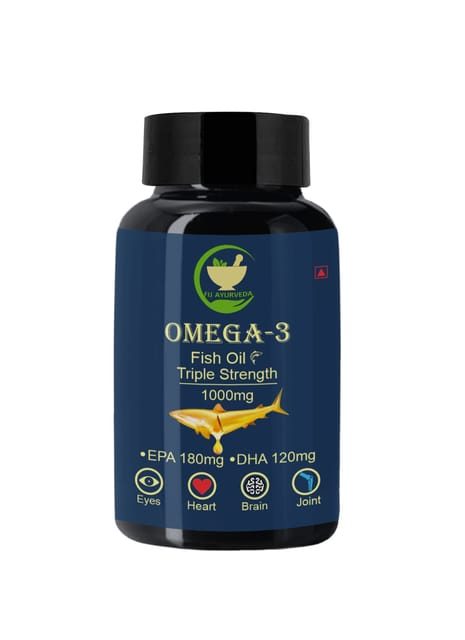 FIJ AYURVEDA Triple Strength Omega 3 Fish Oil - 1000mg (180 mg EPA & 120 mg DHA) Omega 3 Fish Oil | Fatty Acid | Supports Healthy Heart, Brain, Better Skin, Bones, Joint & Eye Care (Two Month Apply – 60 Capsules