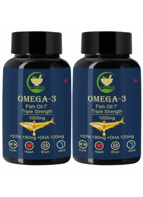 FIJ AYURVEDA Triple Strength Omega 3 Fish Oil - 1000mg (180 mg EPA & 120 mg DHA) Omega 3 Fish Oil | Fatty Acid | Supports Healthy Heart, Brain, Better Skin, Bones, Joint & Eye Care – 60 Capsules (Pack of 2)