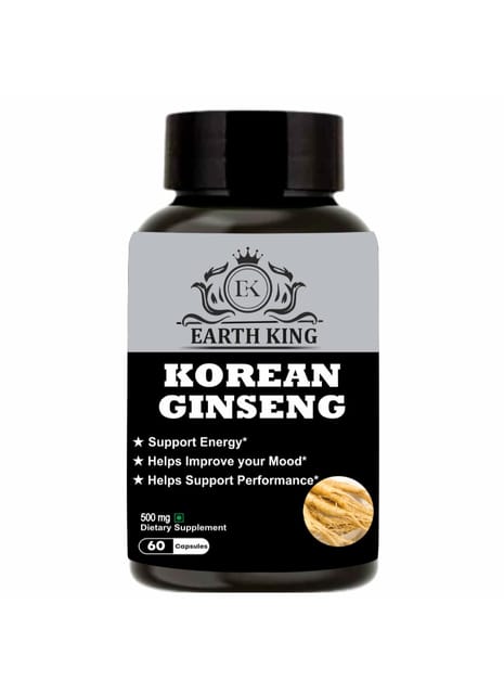 EARTH KING Korean Ginseng Capsule | Red Ginseng | Root Extract | Dietary Supplement | Strength, Stamina & Energy – 500mg 60 Capsules (Pack of 1).