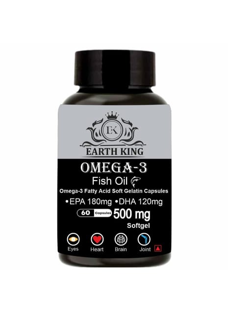 EARTH KING Omega 3 Fish Oil (180 mg EPA & 120 mg DHA) Omega 3 Fish Oil | Fatty Acid | Supports Healthy Heart, Brain, Better Skin, Bones, Joint & Eye Care for Men & Women – 500mg 60 Softget Capsules